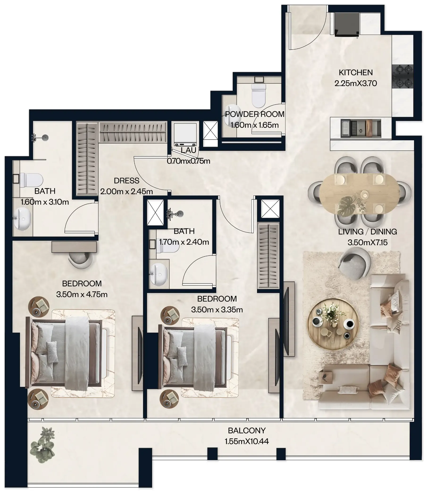 Norah Residence 2 bed floor plan, 1,207 sqft