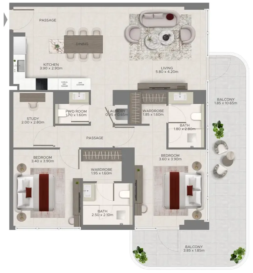 Ramada Residences by Wyndham at Dubai Islands 2 bed floor plan, 1,483 sqft