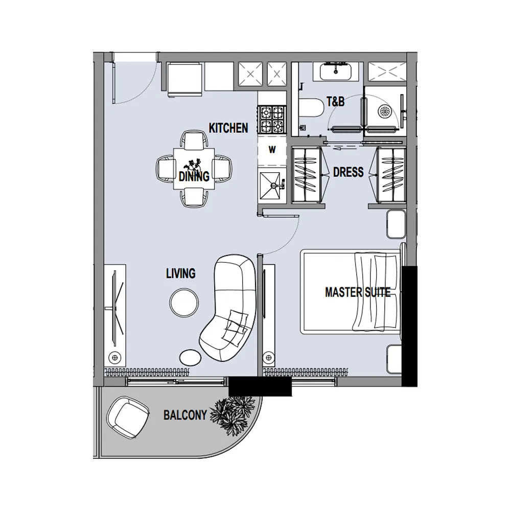 Verso 1 bed floor plan, 516 sqft