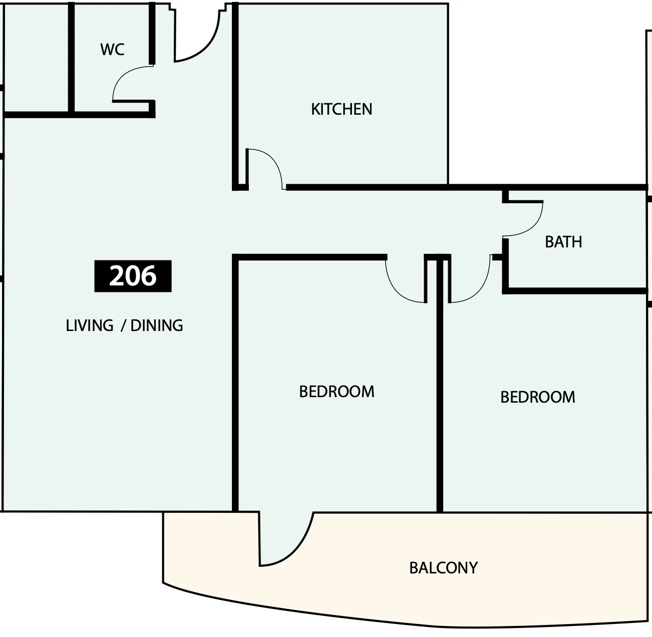 Paradise View 1 2 bed floor plan, 1,159 sqft