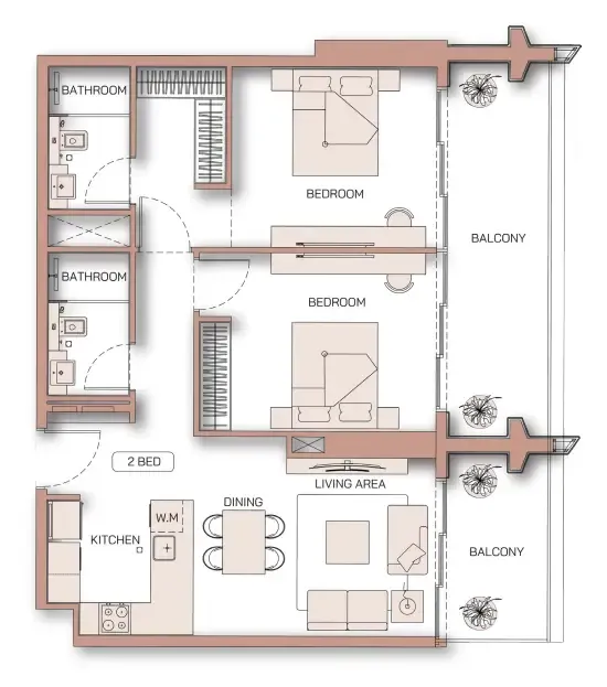 Binghatti Pinnacle 2 bed floor plan, 1,103 sqft