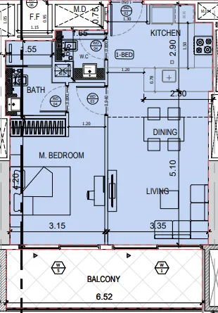 Binghatti Amberhall 1 bed floor plan, 719 sqft
