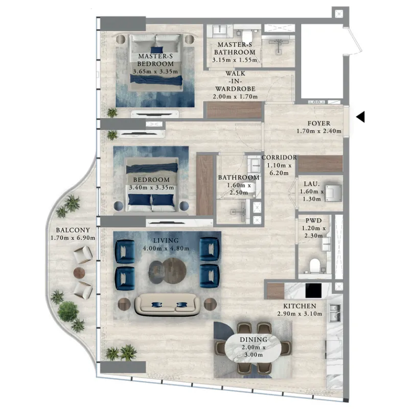 Royal Yacht Club Residence 2 bed floor plan, 1,264 sqft