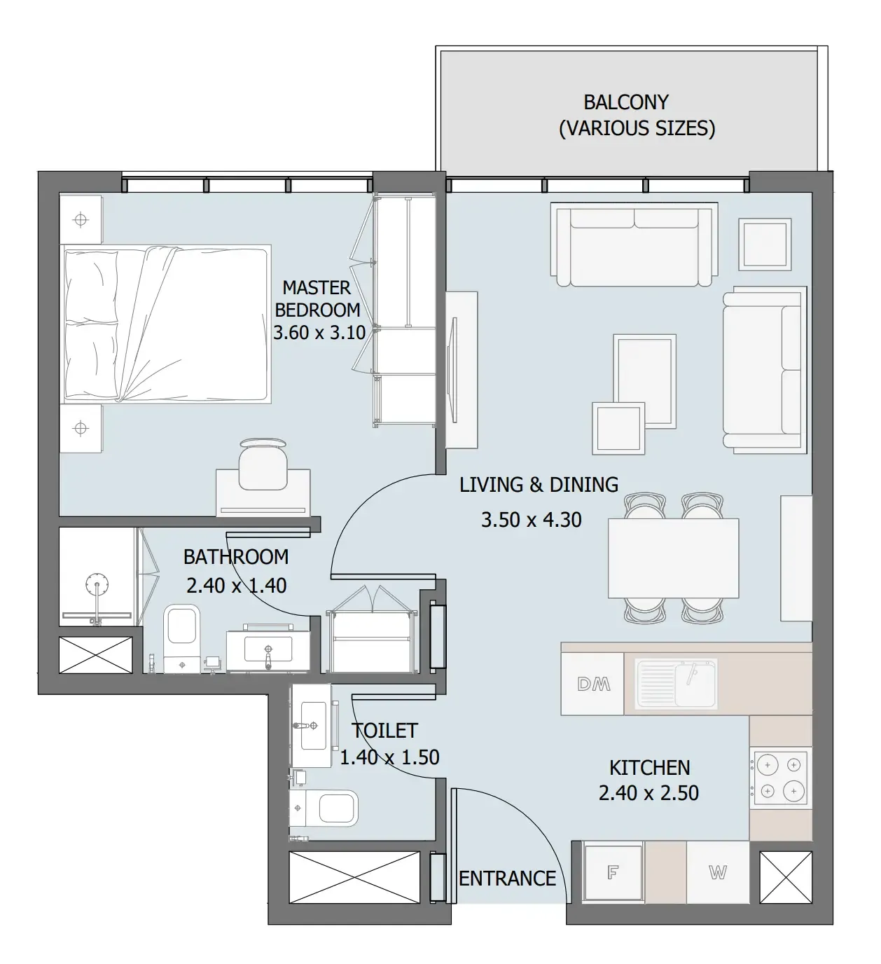 Verdana III 1 bed floor plan, 541 – 590 sqft