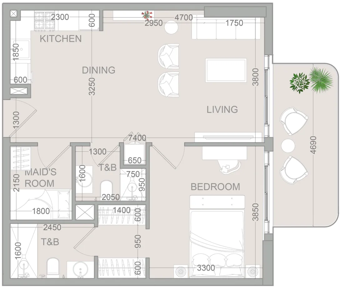 TETR1S Tower 1 bed floor plan, 767 sqft