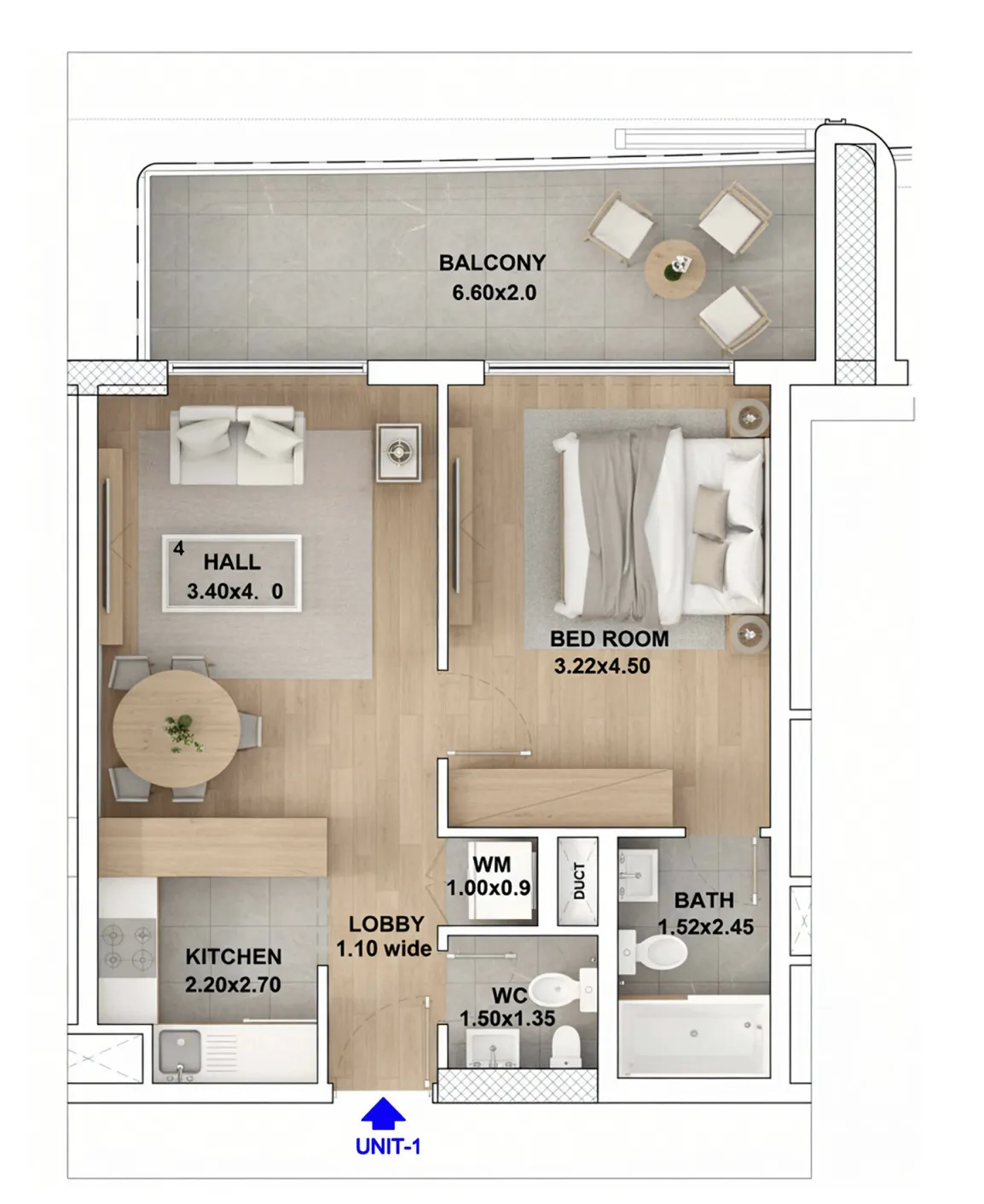 RR Grand 1 bed floor plan, 711 – 712 sqft
