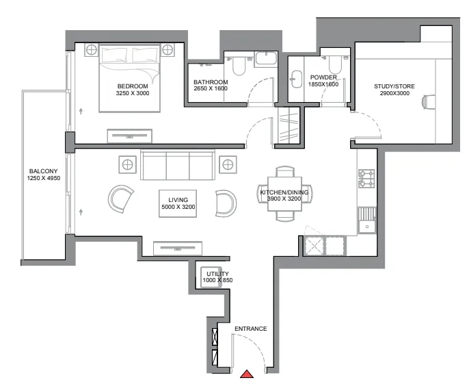 340 Riverside Crescent 1 bed floor plan, 894 sqft