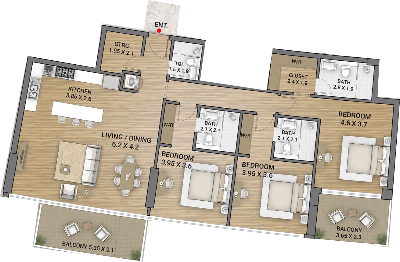 Ocean Tower 3 bed floor plan, 1,825 sqft