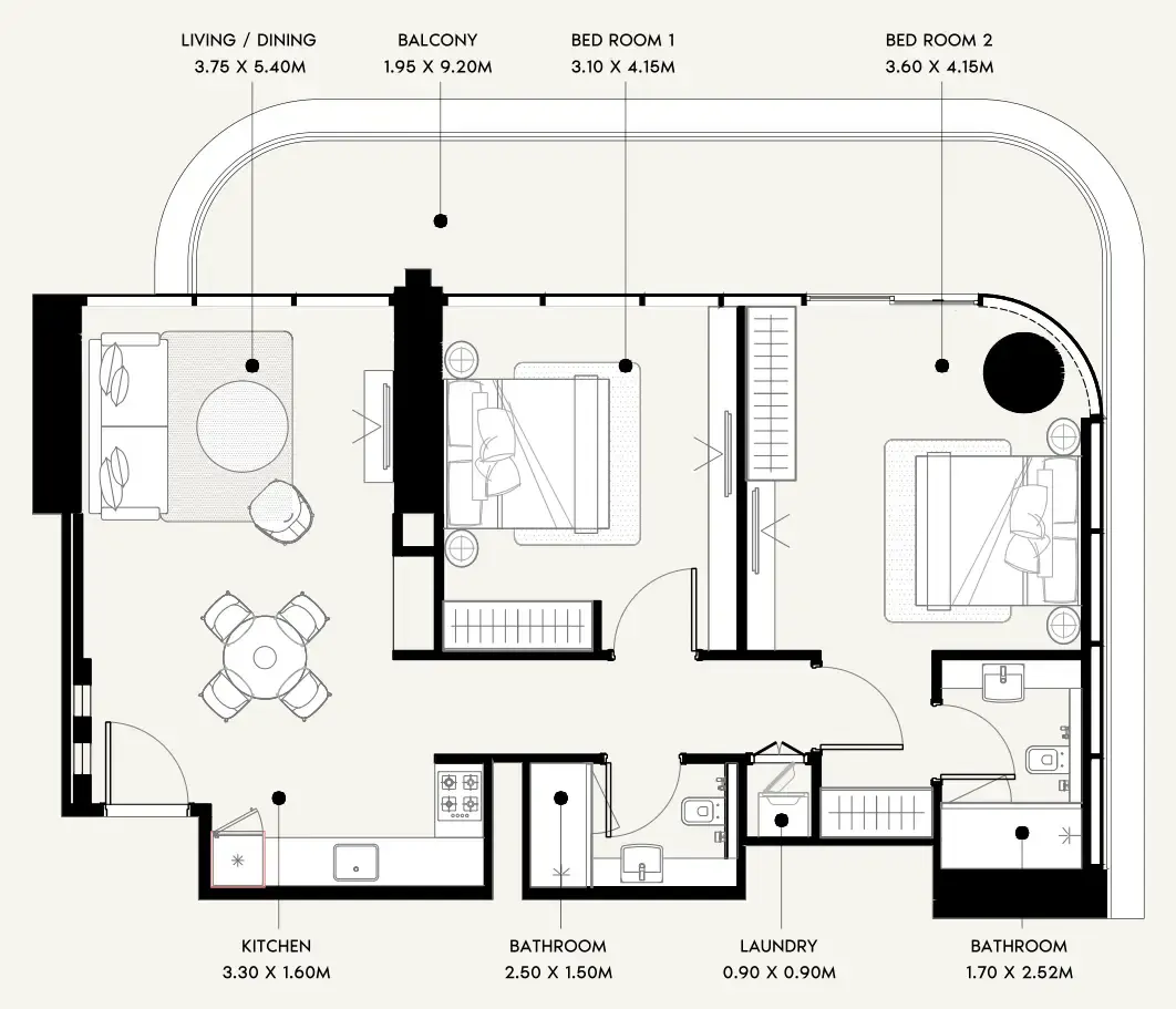 Azizi Milan 2 bed floor plan, 1,122 sqft