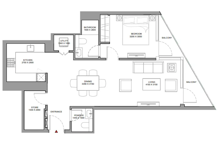 Skyvue Spectra 1 bed floor plan, 870 sqft