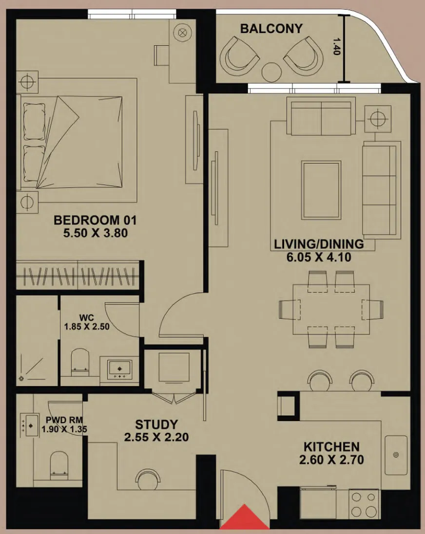Timber Terrace 1 bed floor plan, 907 sqft