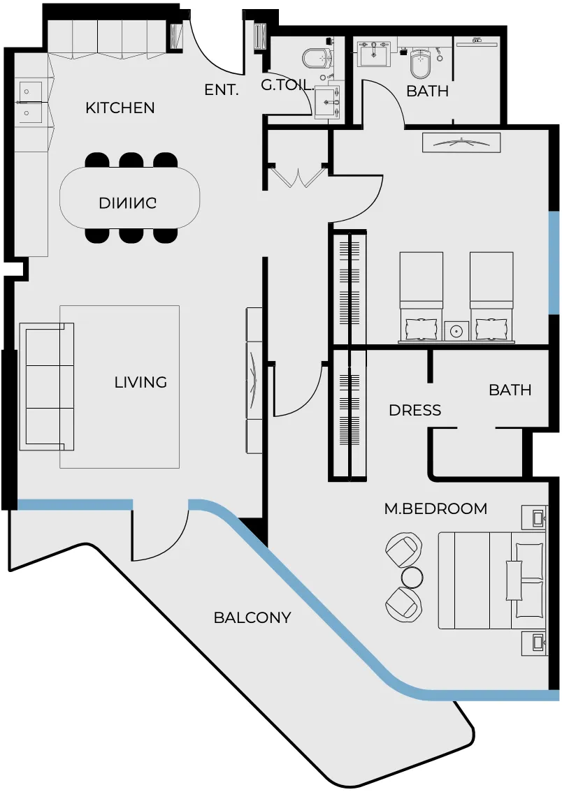 Coastal Haven 2 bed floor plan, 1,244 sqft