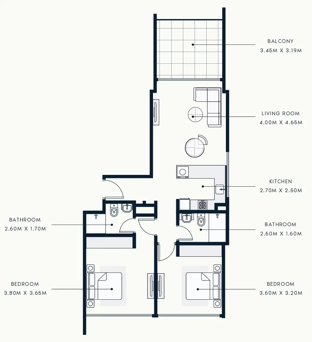 Riviera Beach Front 2 bed floor plan, 1,006 – 1,129 sqft