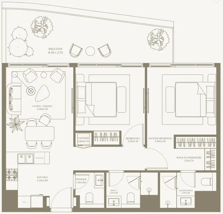 AYA Beachfront Residences 2 bed floor plan, 1,003 – 1,060 sqft