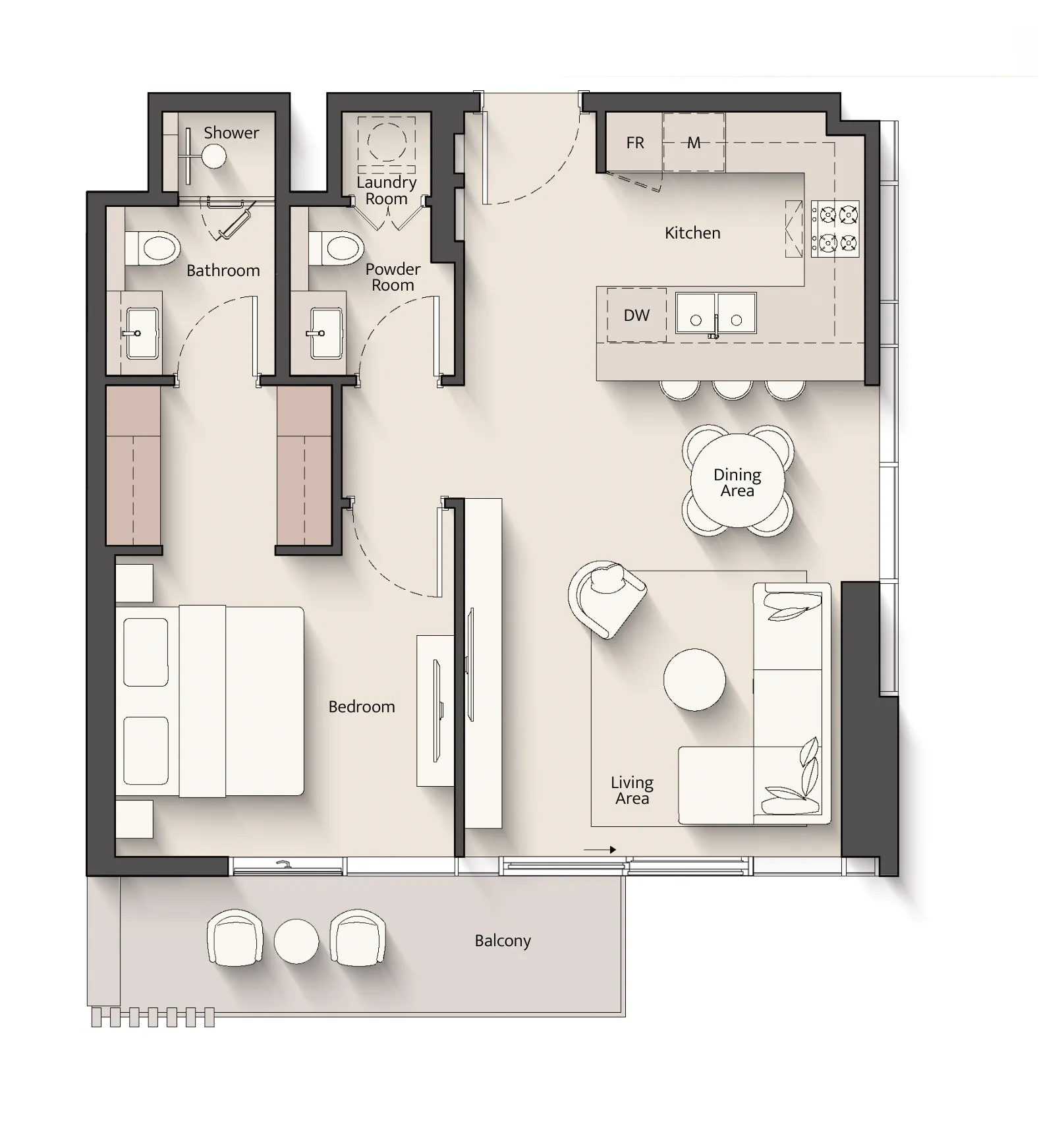 Everly Place 1 bed floor plan, 804 sqft