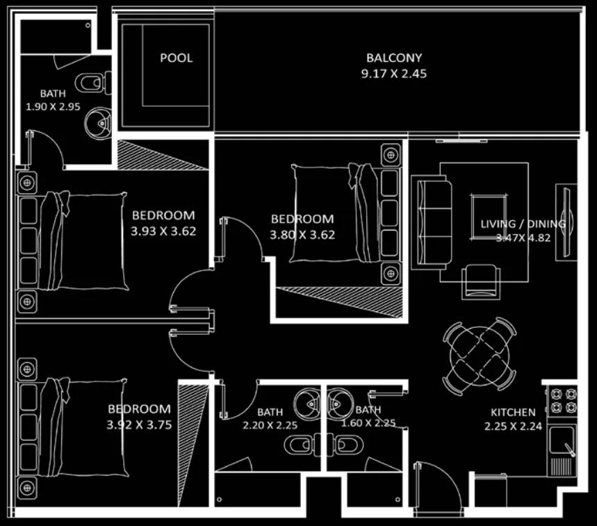 Elitz 3 bed floor plan, 1,156 sqft