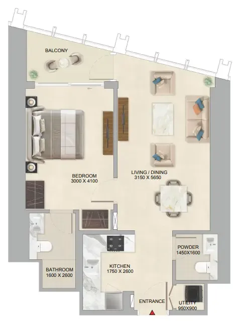 The Mirage at Sobha Central 1 bed floor plan, 656 – 658 sqft
