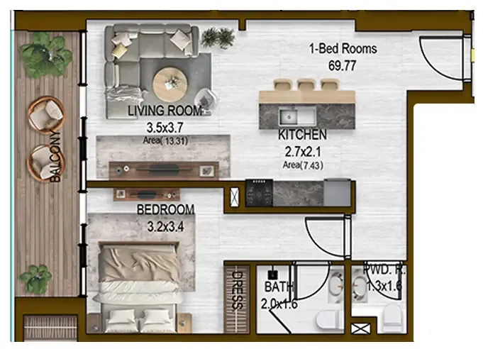 Noore 1 bed floor plan, 751 sqft