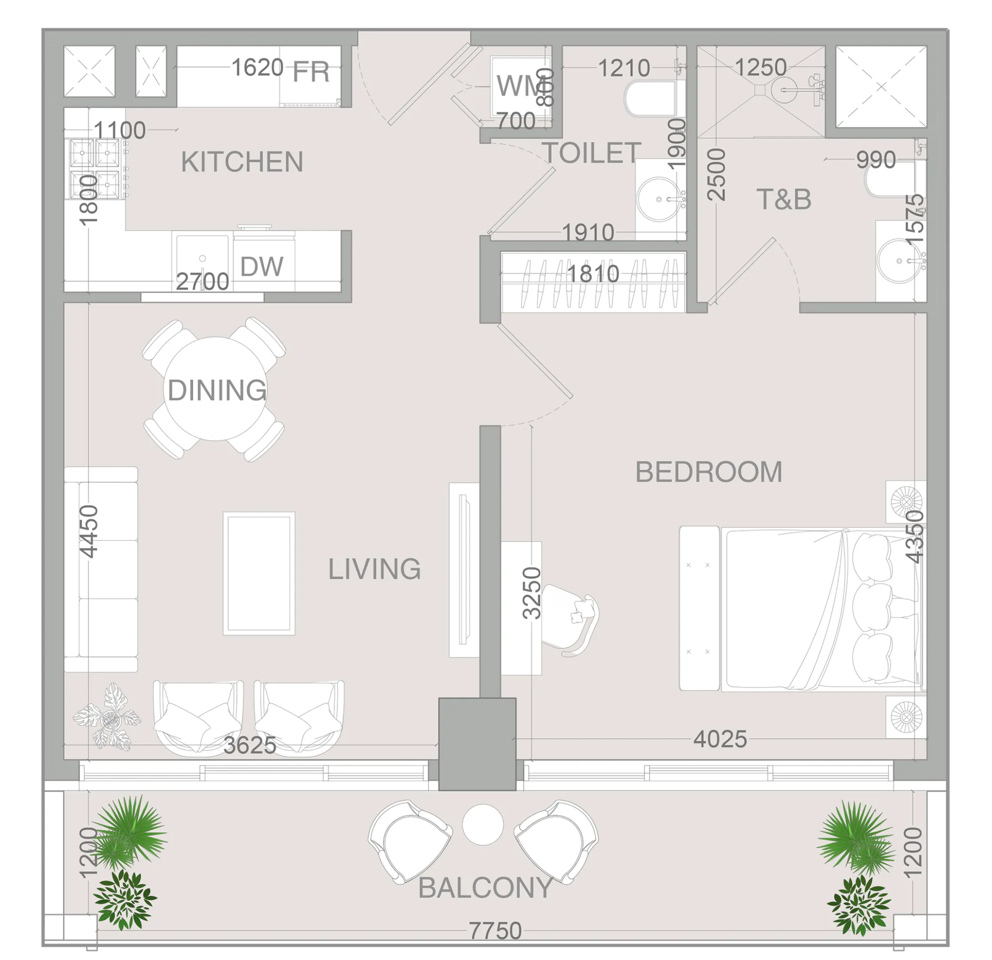 VERDAN1A 4 1 bed floor plan, 784 sqft