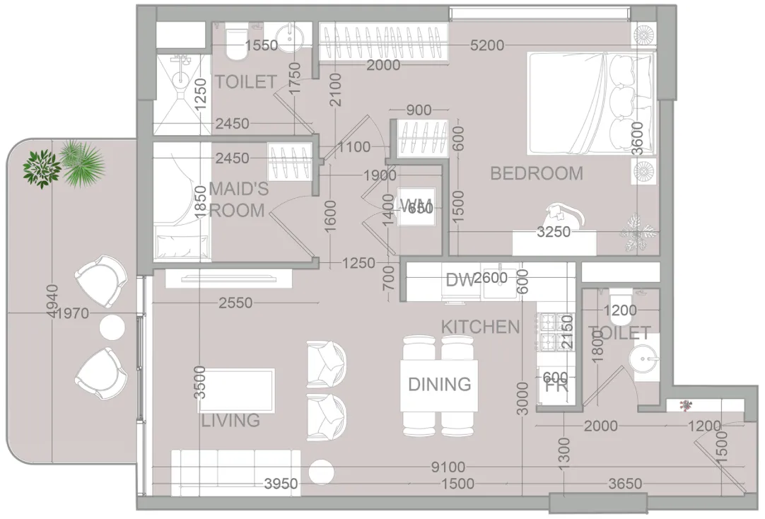 TETR1S Tower 1 bed floor plan, 775 sqft