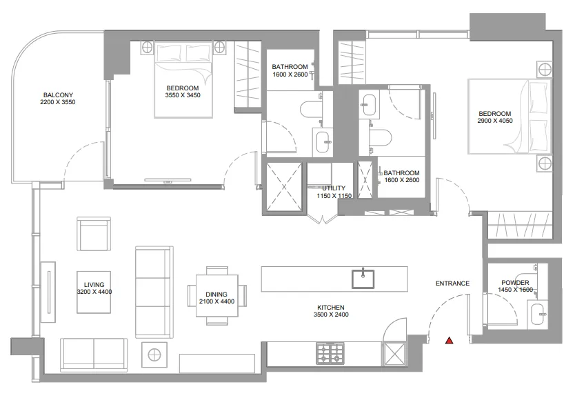 Pristine Beach Residences 2 bed floor plan, 1,061 – 1,063 sqft
