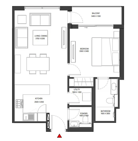 Sobha One 1 bed floor plan, 733 sqft