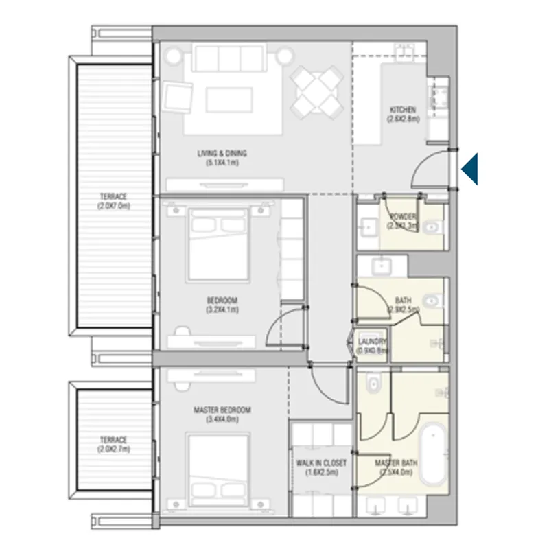 Vida Residences Saadiyat Island 2 bed floor plan, 1,264 sqft