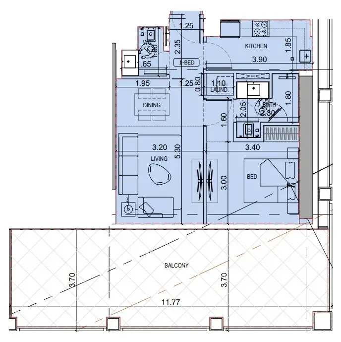 Binghatti Titania 1 bed floor plan, 1,053 sqft