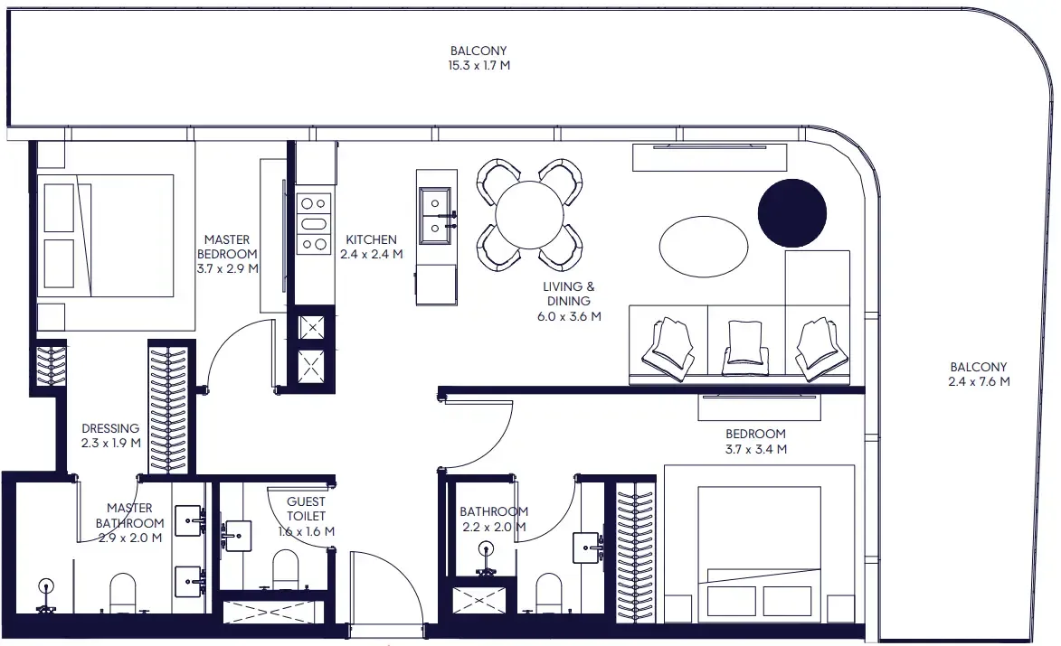Inaura Hotels & Residences Downtown 2 bed floor plan, 1,283 – 1,426 sqft