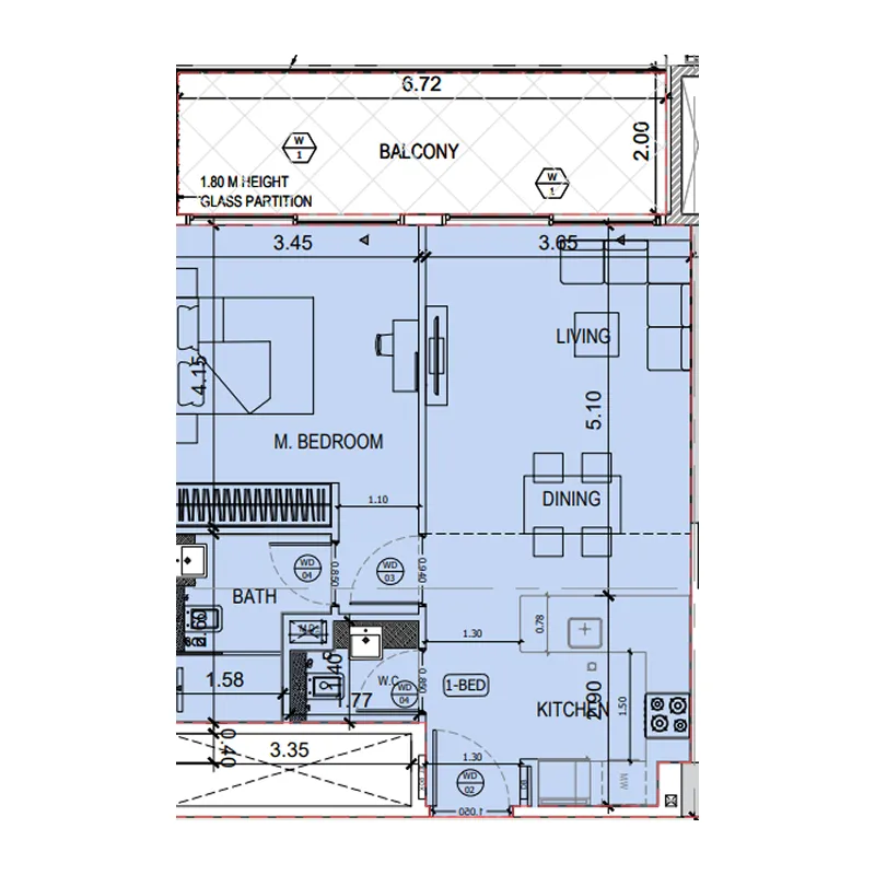 Binghatti Amberhall 1 bed floor plan, 765 sqft