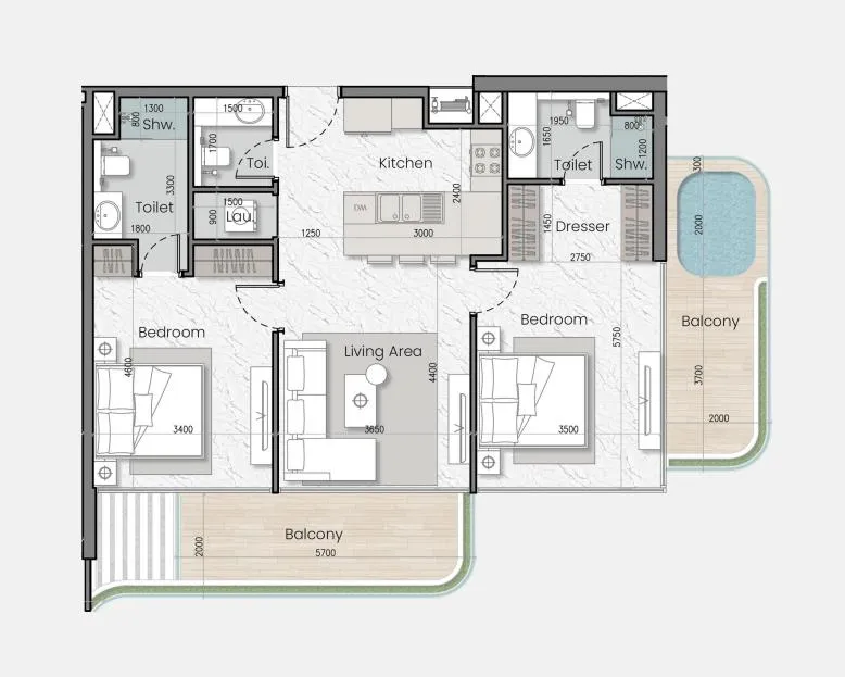I'Sola Bella 2 bed floor plan, 1,115 sqft