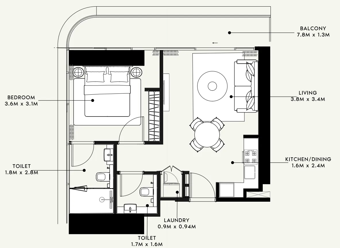 Azizi Milan 1 bed floor plan, 671 sqft