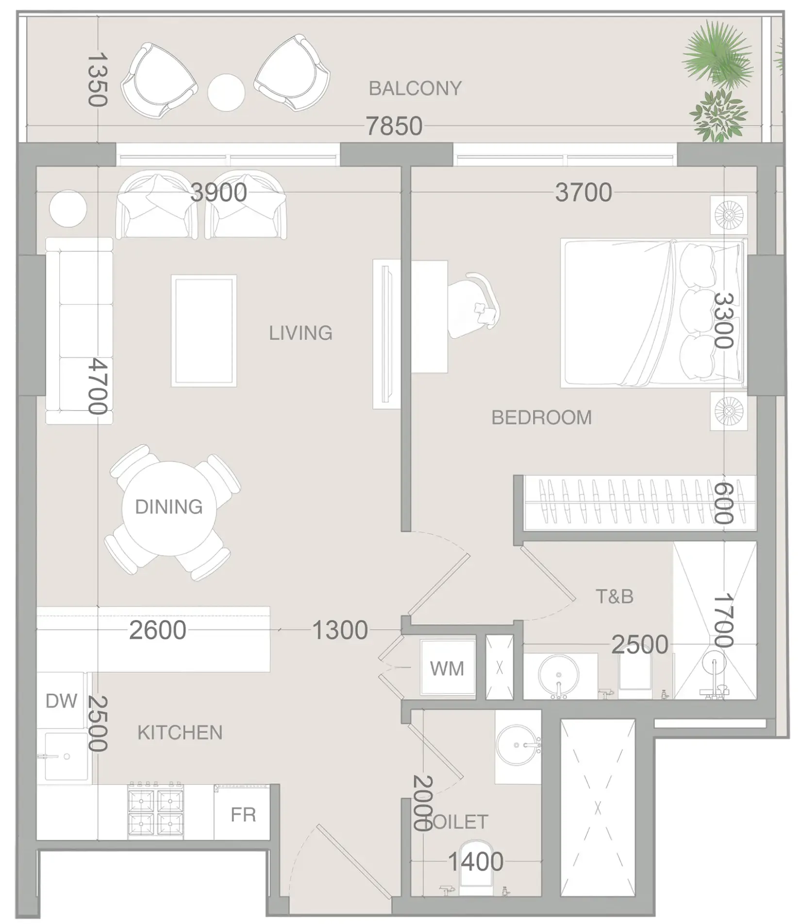 VERDAN1A 3 1 bed floor plan, 736 sqft