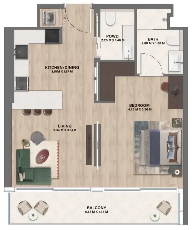 Mövenpick Residences Dubai Motor City Phase 1 1 bed floor plan, 708 sqft