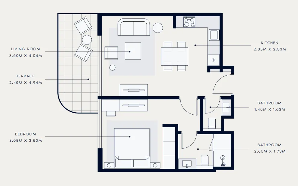 Azizi Venice 1 bed floor plan, 694 sqft