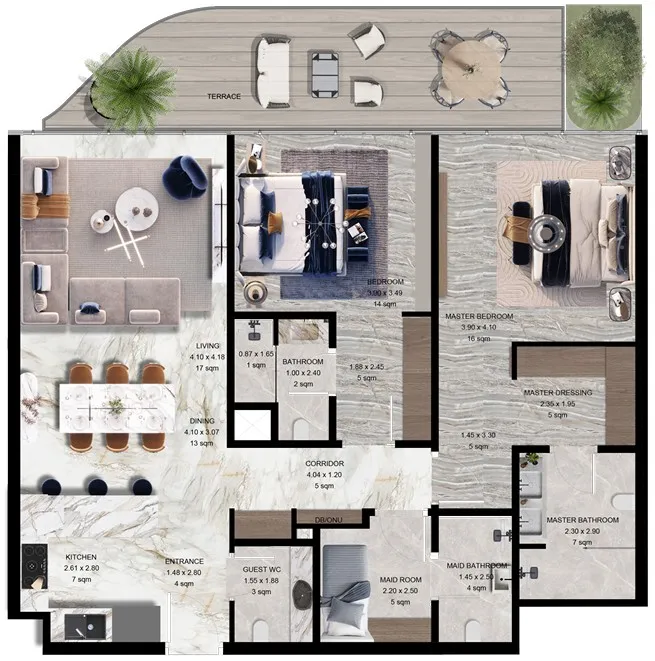 Jacob and Co Beachfront Living 2 bed floor plan, 1,550 sqft