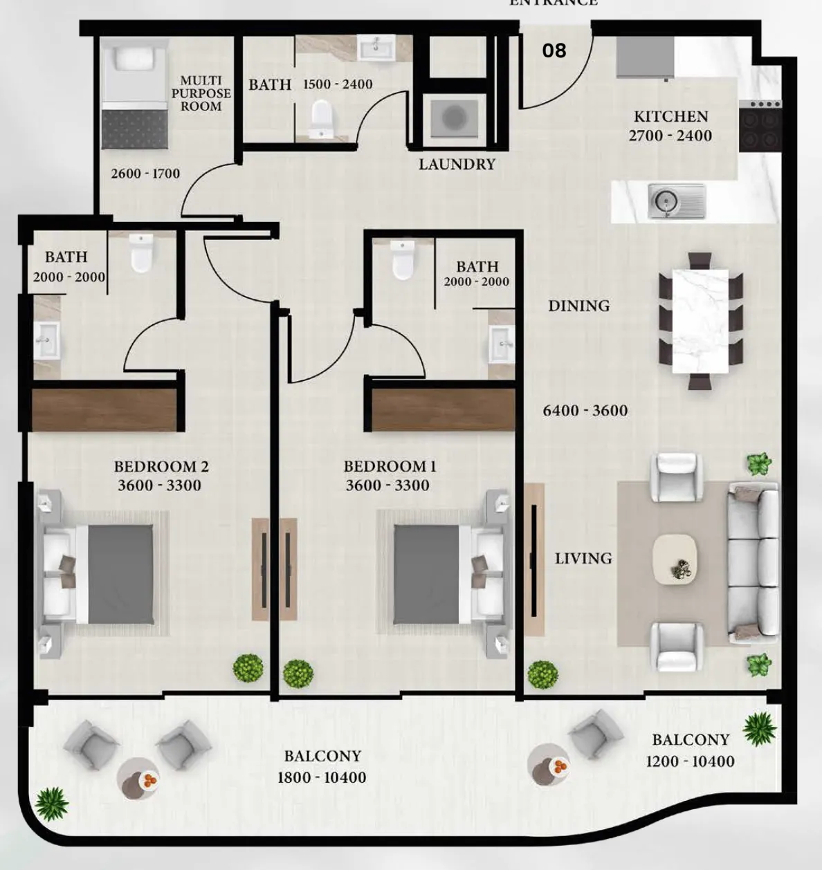 Avion Residence 2 bed floor plan, 1,209 sqft