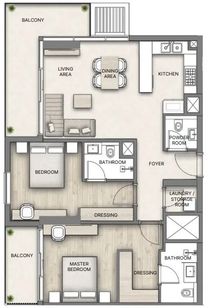 Al Hamra Greens 2 bed floor plan, 1,215 sqft