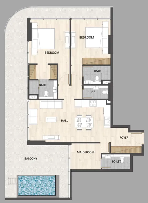 Barari Palace 2 bed floor plan, 1,630 – 1,632 sqft