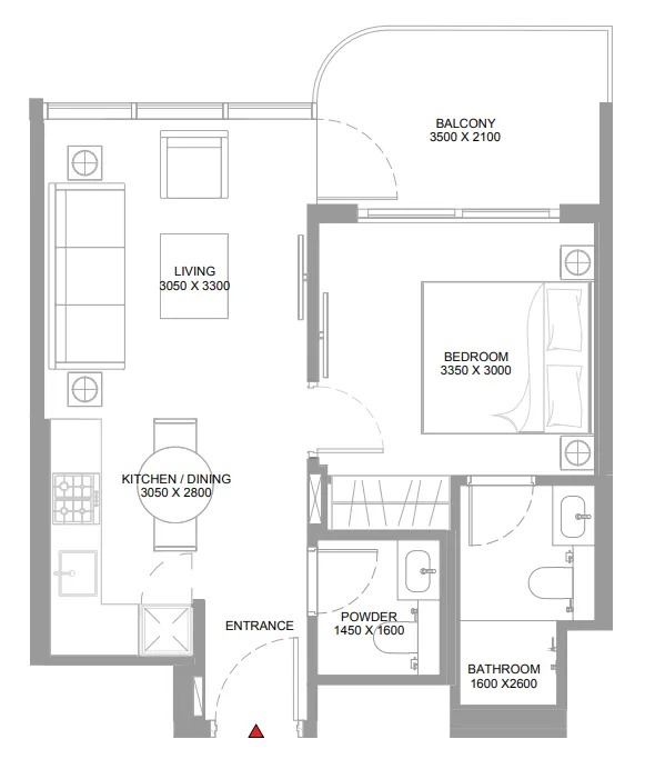Pierside Marina Residences 1 bed floor plan, 546 sqft
