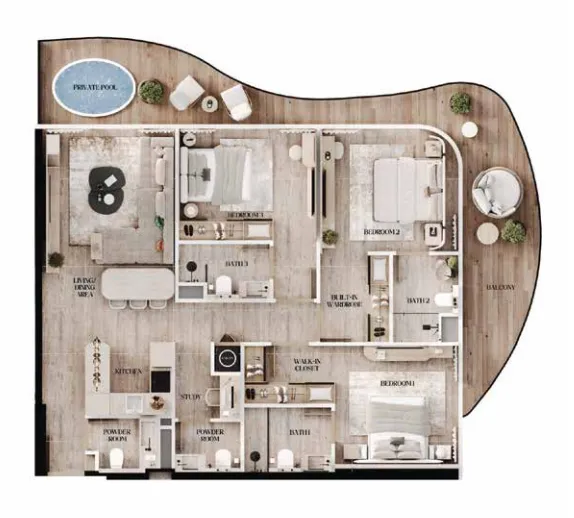 Agua Residences 3 bed floor plan, 1,489 sqft