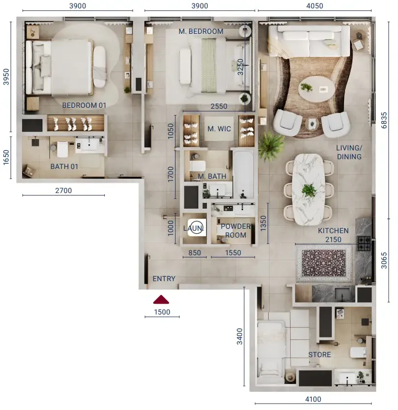 Mirdad 2 bed floor plan, 1,244 sqft