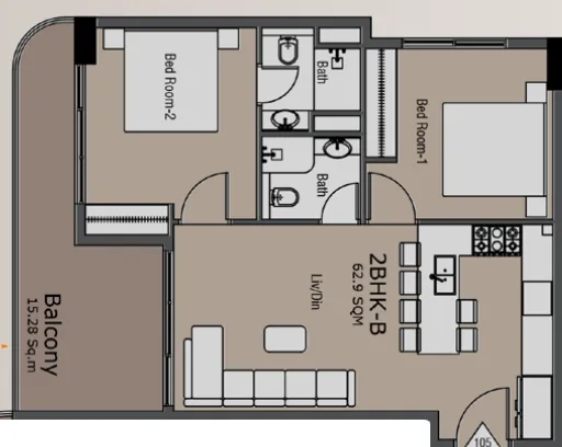 Golden Woods Albab Views 2 bed floor plan, 842 sqft