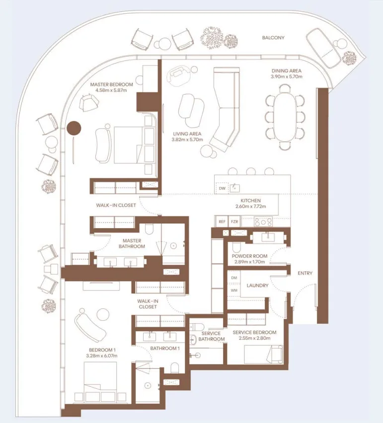 Dubai Harbour Residence 2 bed floor plan, 2,877 sqft