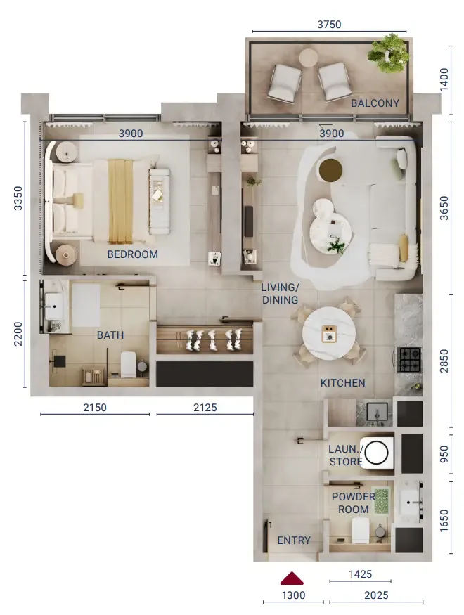 Mirdad 1 bed floor plan, 697 sqft
