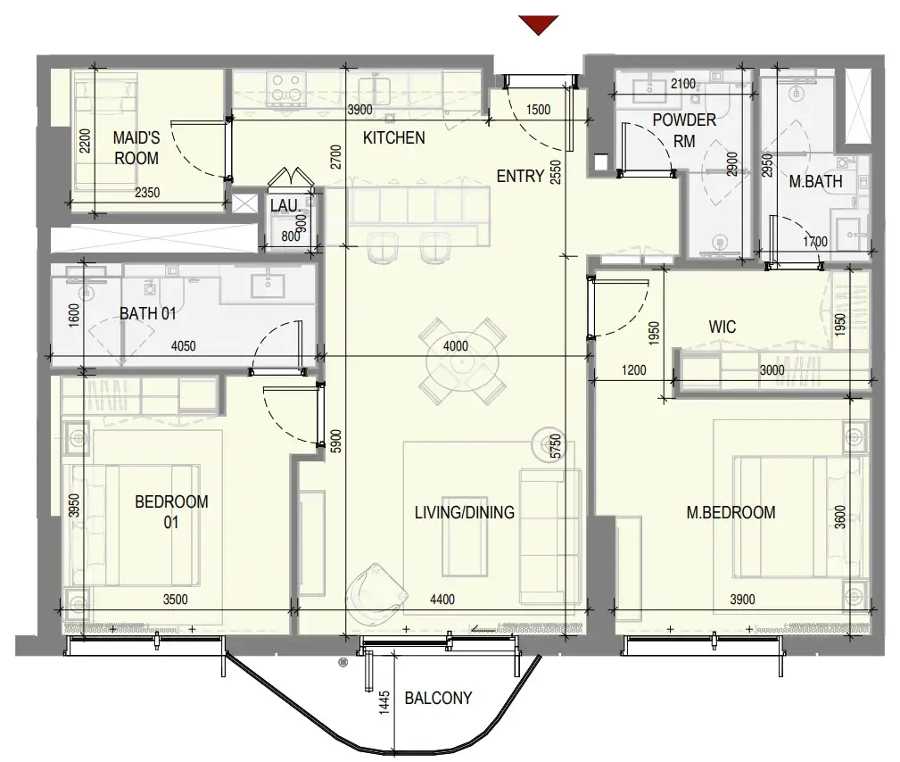 Takaya 2 bed floor plan, 1,217 sqft