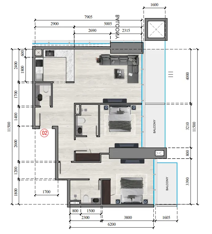 Auresta Tower 2 bed floor plan, 1,139 sqft