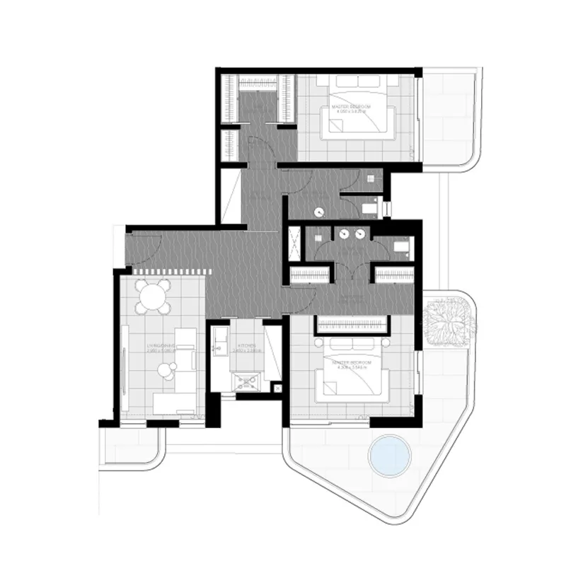 Marea Residences 2 bed floor plan, 1,381 – 1,402 sqft