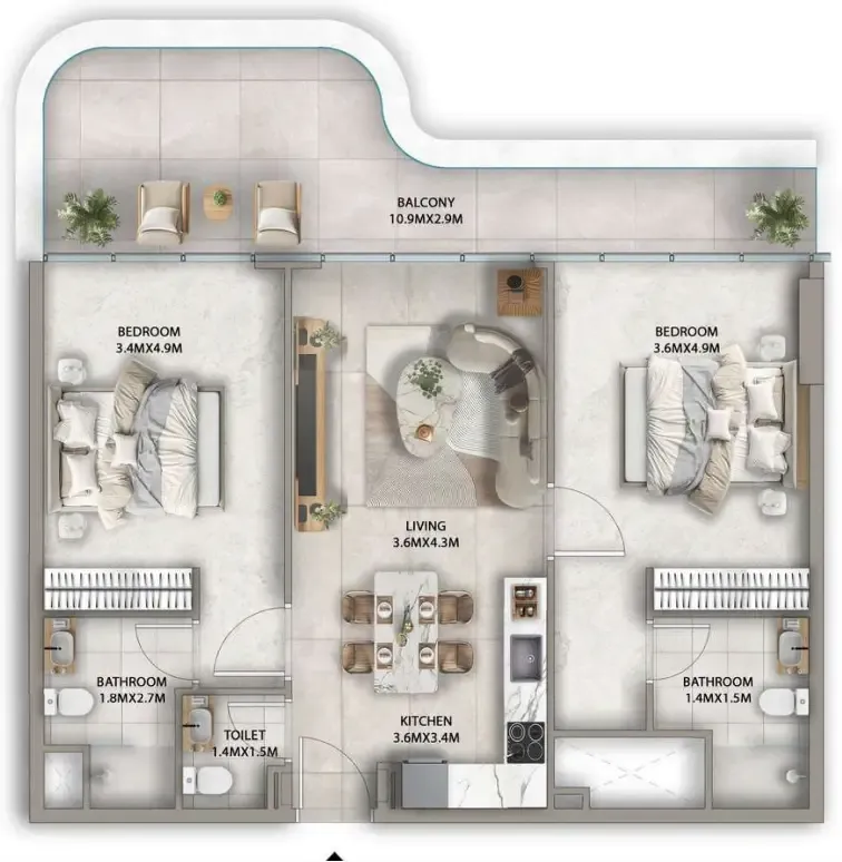 Antalya 2 bed floor plan, 1,159 sqft