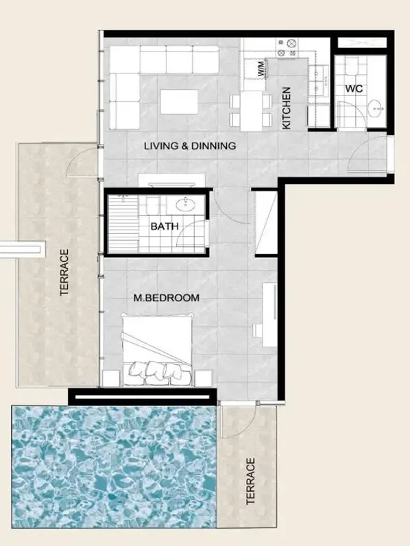 Future Residence 1 bed floor plan, 1,249 sqft